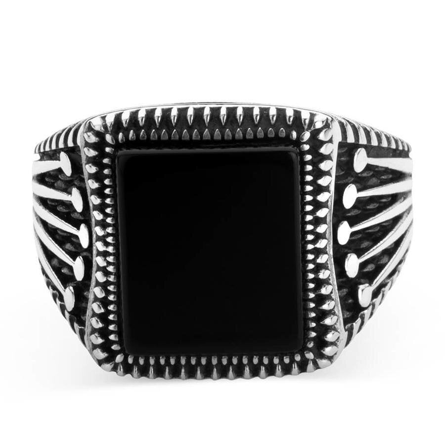 Men's Black Onyx Domineering Geometric Open Silver Ring