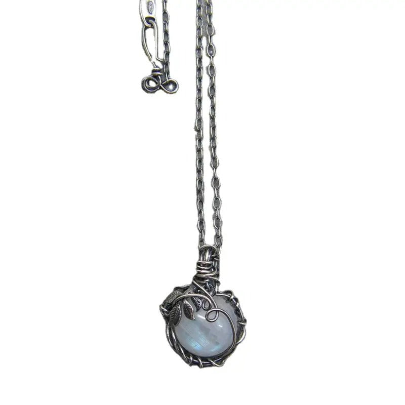 Vintage Round White Moonstone Retro Silver Necklace