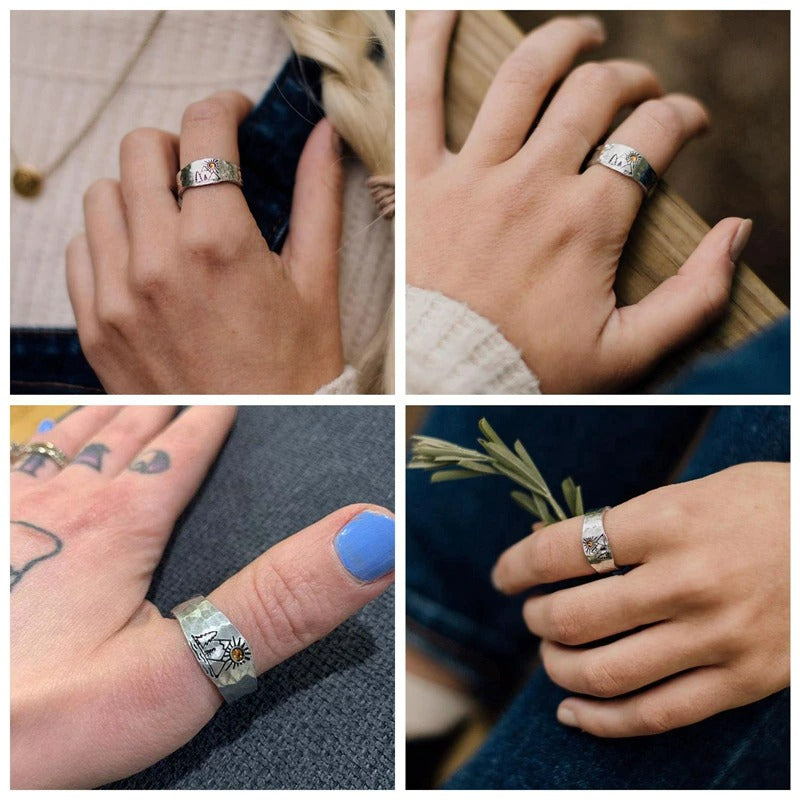 Carved Mountain Sun Nature Open Silver Landscape Ring