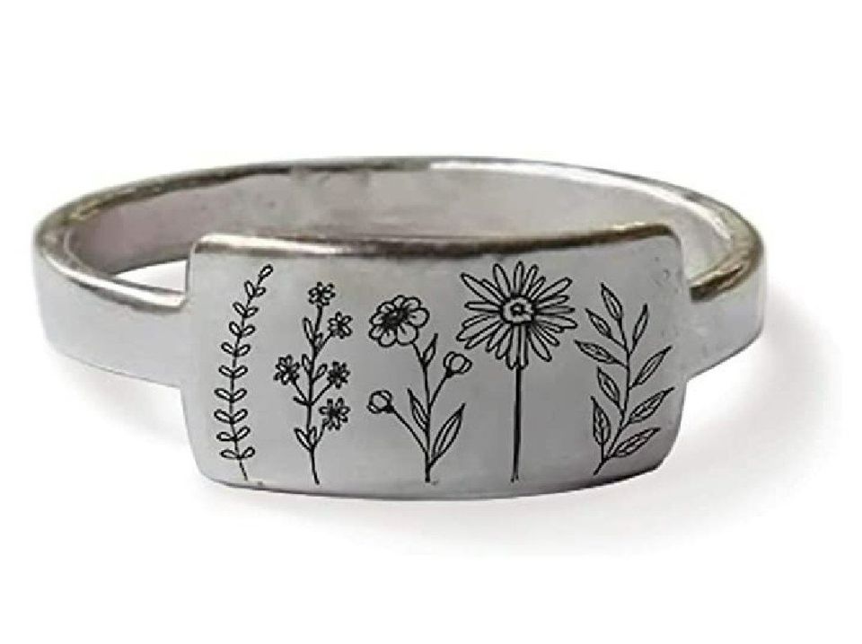 Carved Engraving Wildflowers Dandelion Daisy Silver Ring