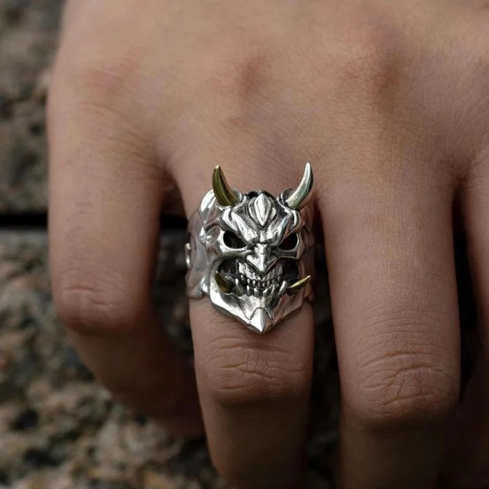 Men's Yokai Skull Silver Open Gothic Mask Ring