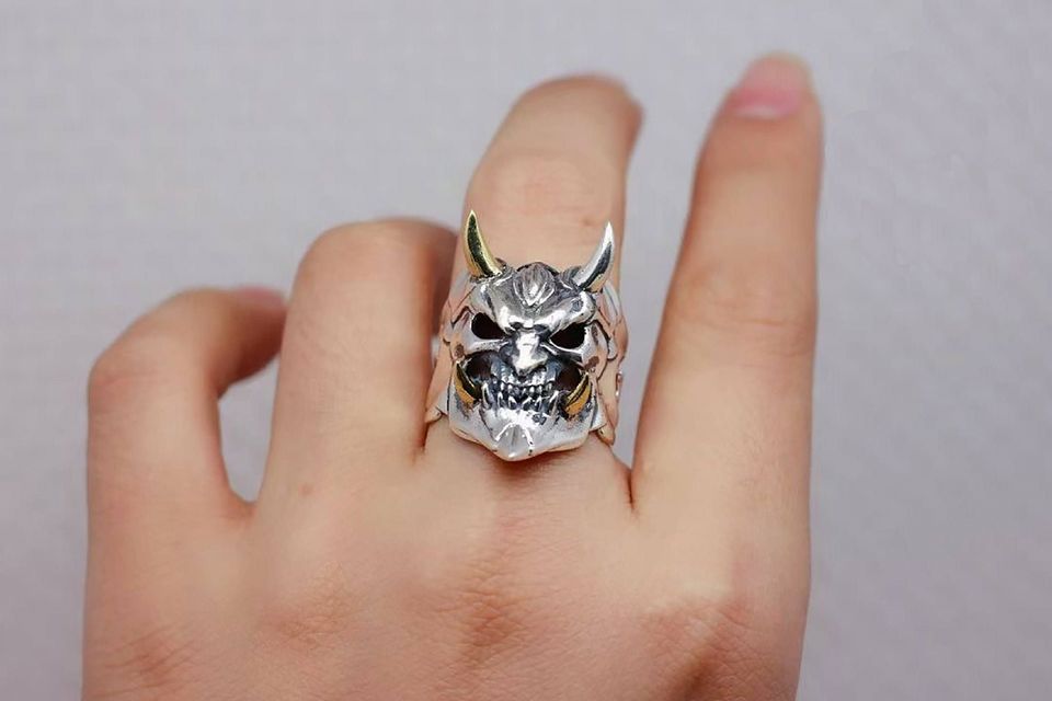 Men's Yokai Skull Silver Open Gothic Mask Ring