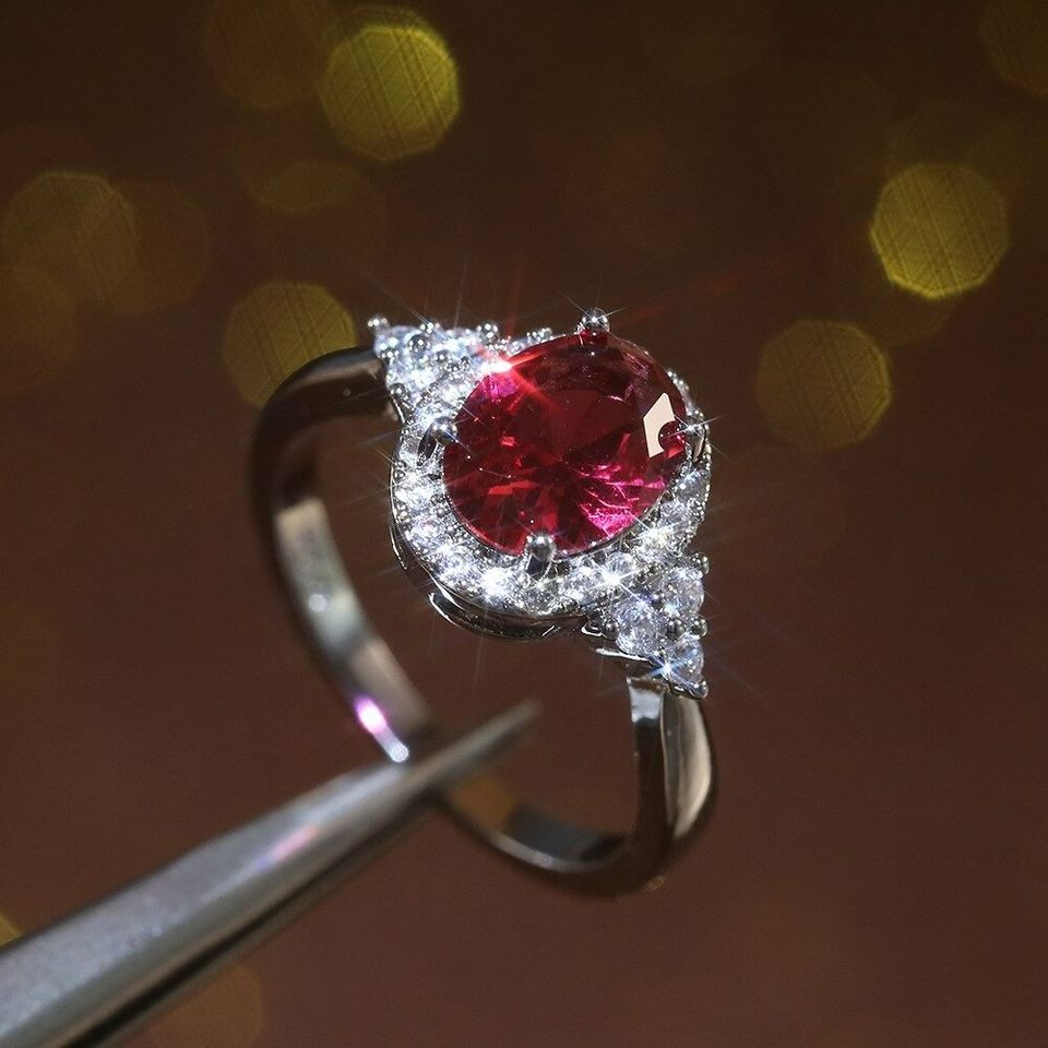925 Sterling Silver Oval Ruby Red Halo Ring