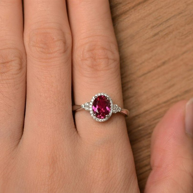 925 Sterling Silver Oval Ruby Red Halo Ring