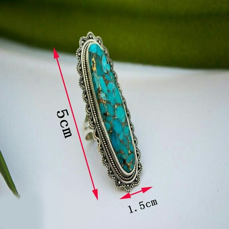 Long Vintage Blue Turquoise Antique Silver Ring