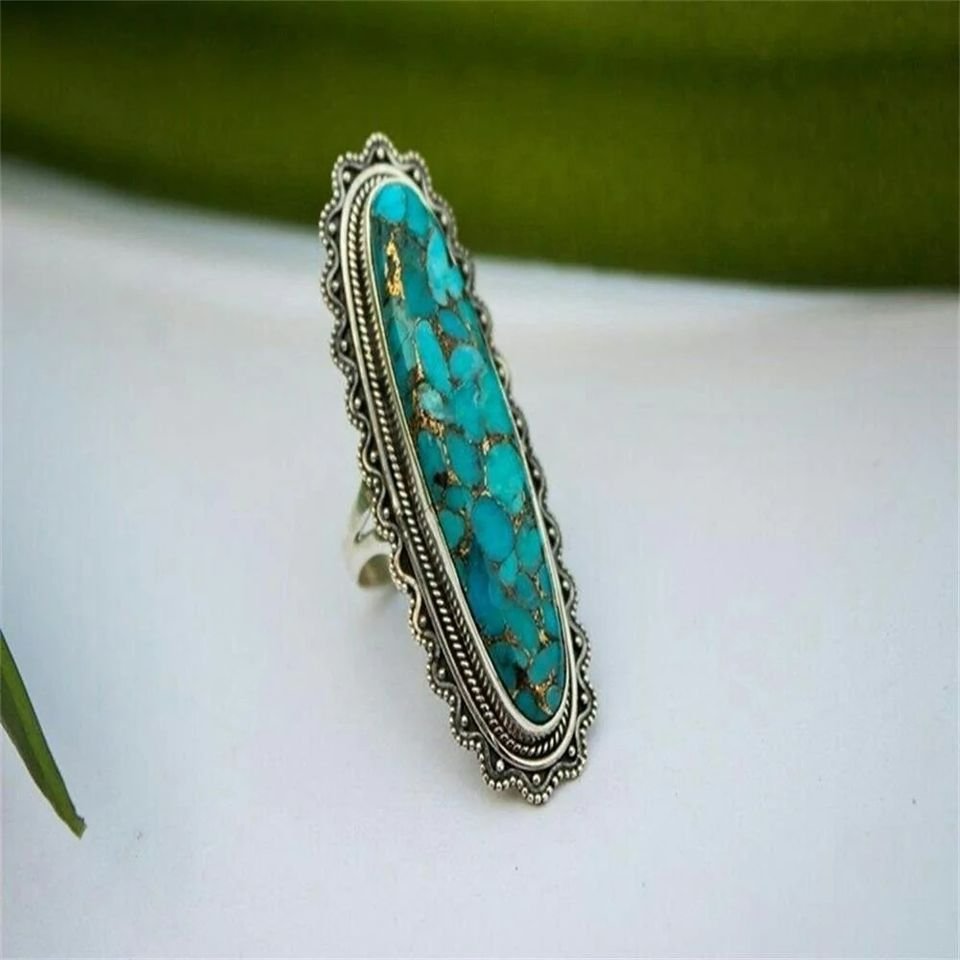 Long Vintage Blue Turquoise Antique Silver Ring