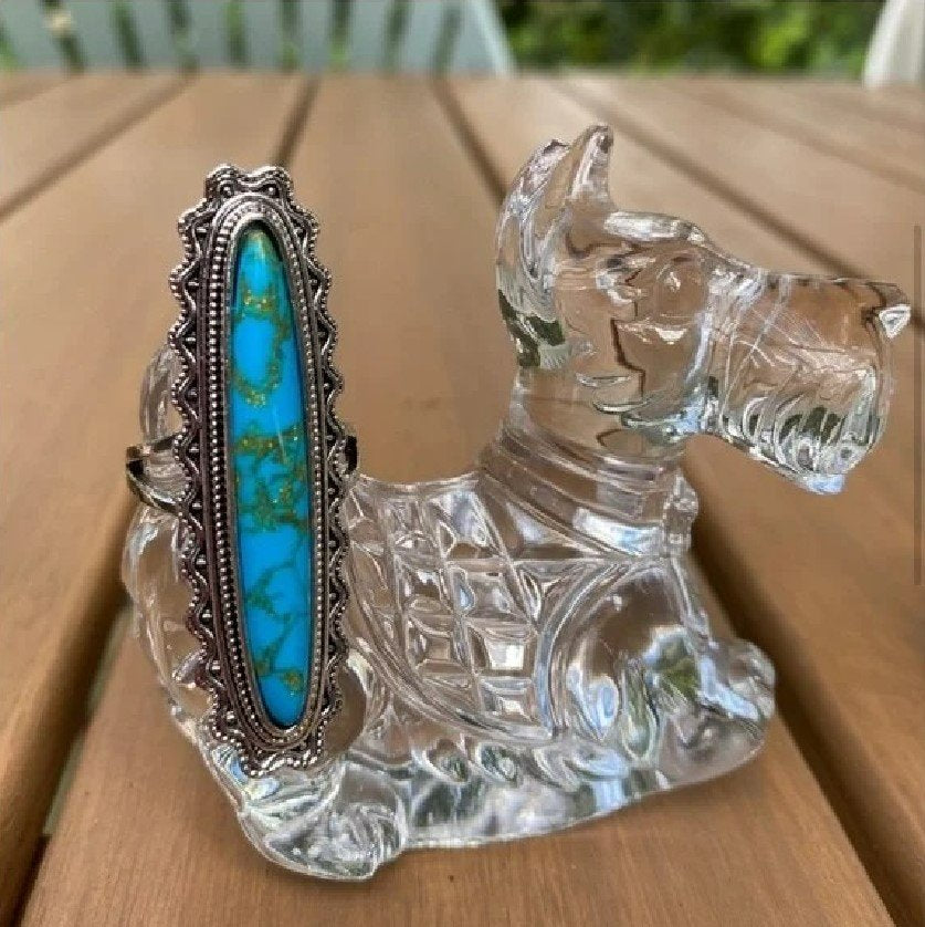 Long Vintage Blue Turquoise Antique Silver Ring