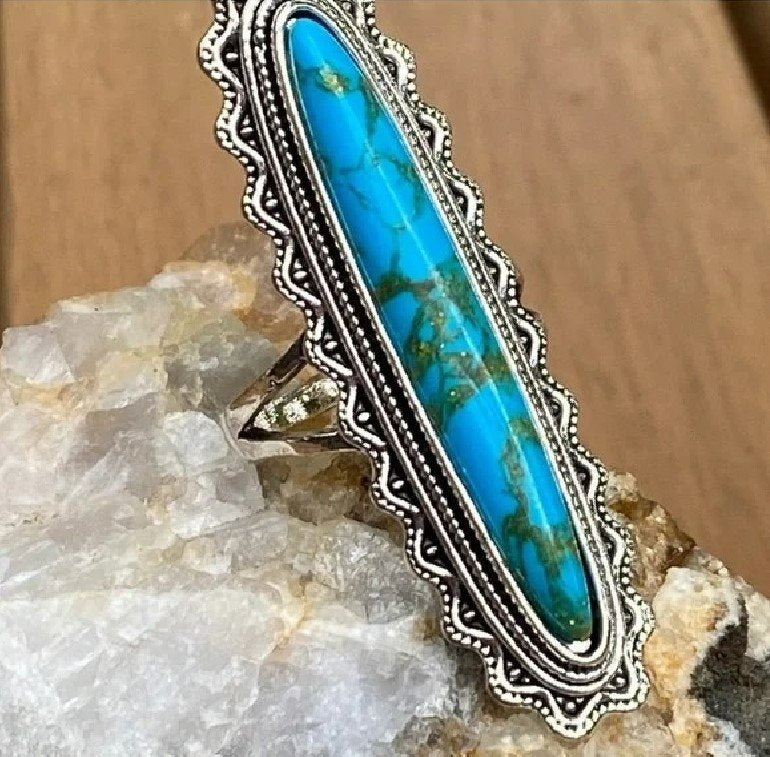 Long Vintage Blue Turquoise Antique Silver Ring