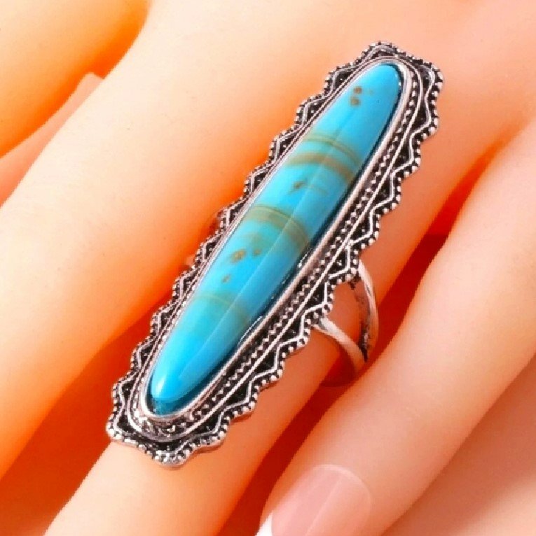 Long Vintage Blue Turquoise Antique Silver Ring