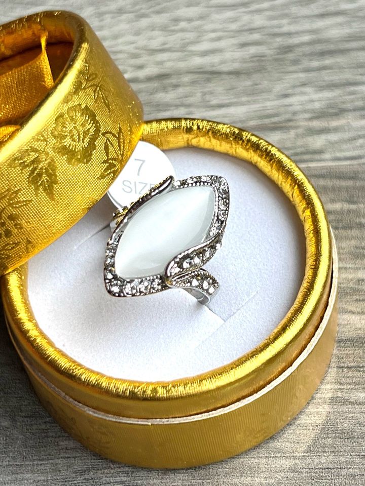 Vintage White Moonstone Marquise Cut & CZ Crystal Silver Ring