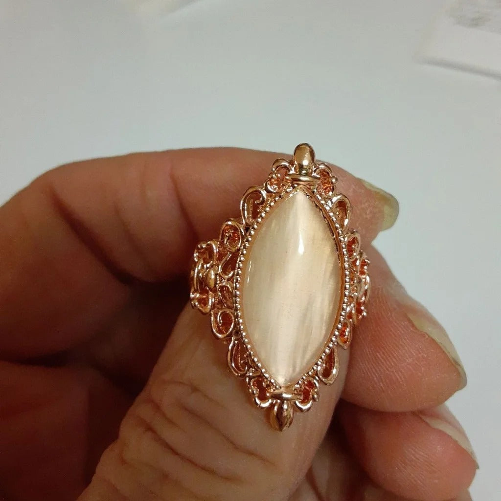 925 Sterling Silver Vintage Pink Opal Rose Gold Tone Ring