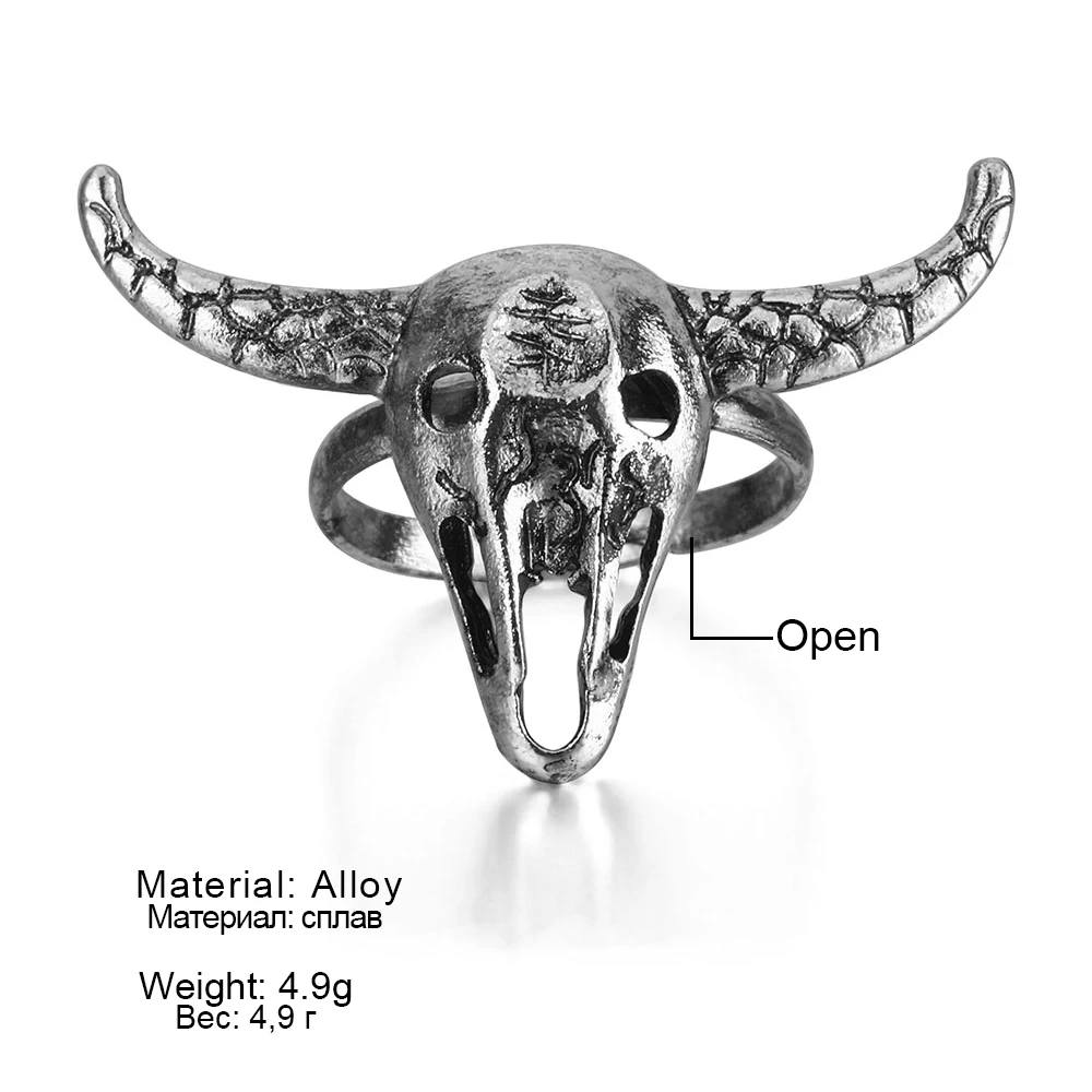 Vintage Silver Buffalo Cow Bull Head Skull Open Biker Ring
