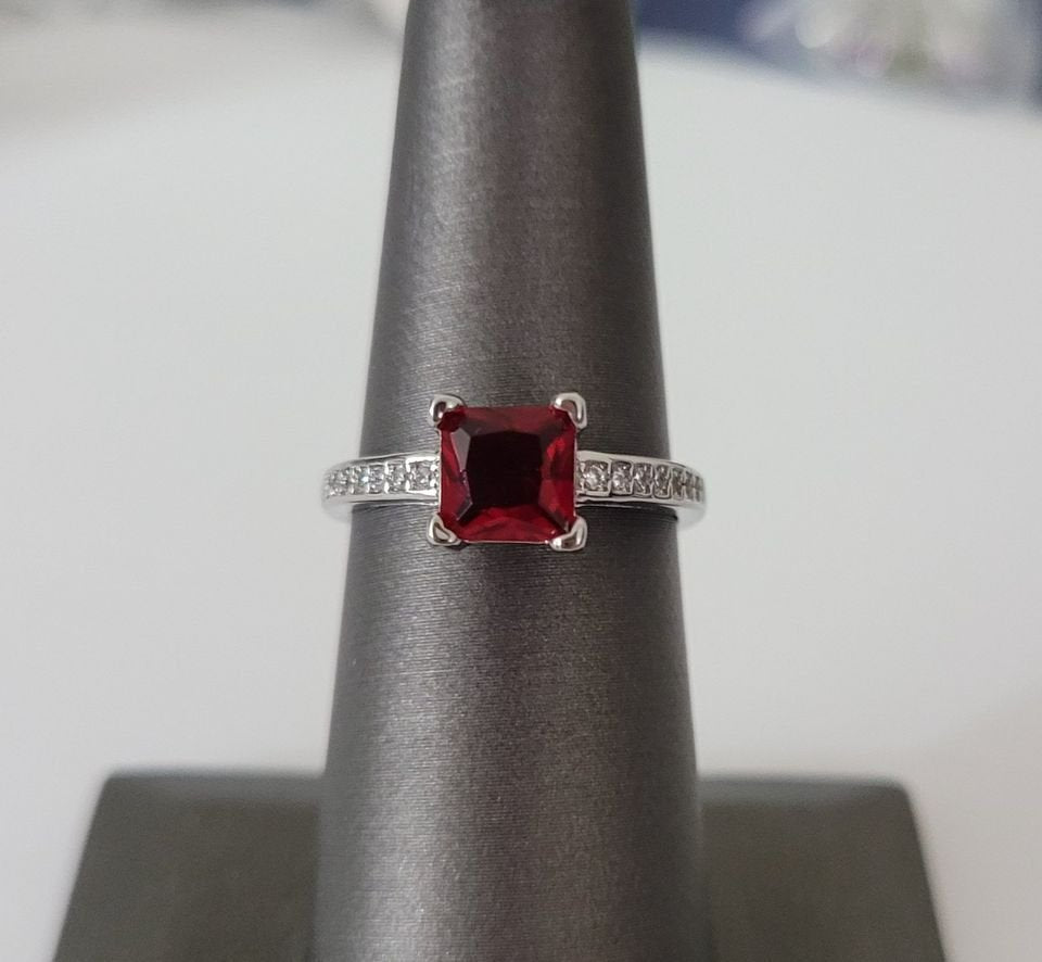 Sterling Silver Princess Cut Ruby Red Solitaire Ring