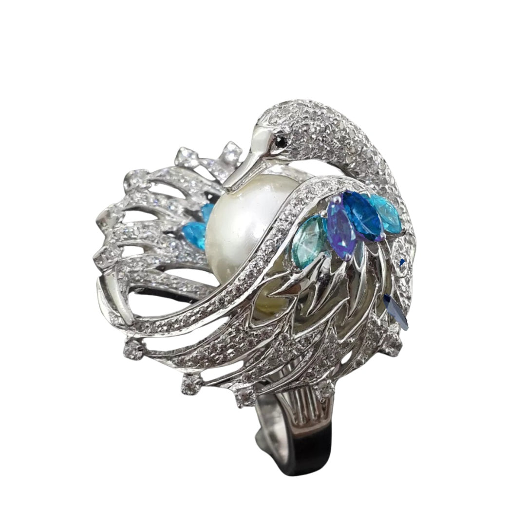 Exquisite Swan White Pearl & Blue Rhinestone Silver Ring
