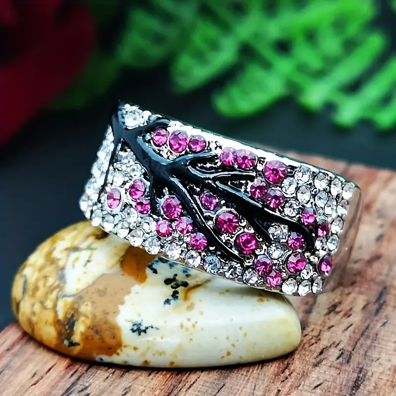 925 Sterling Silver Fuchsia Pink Tree Branch Leaves Blossom Ring