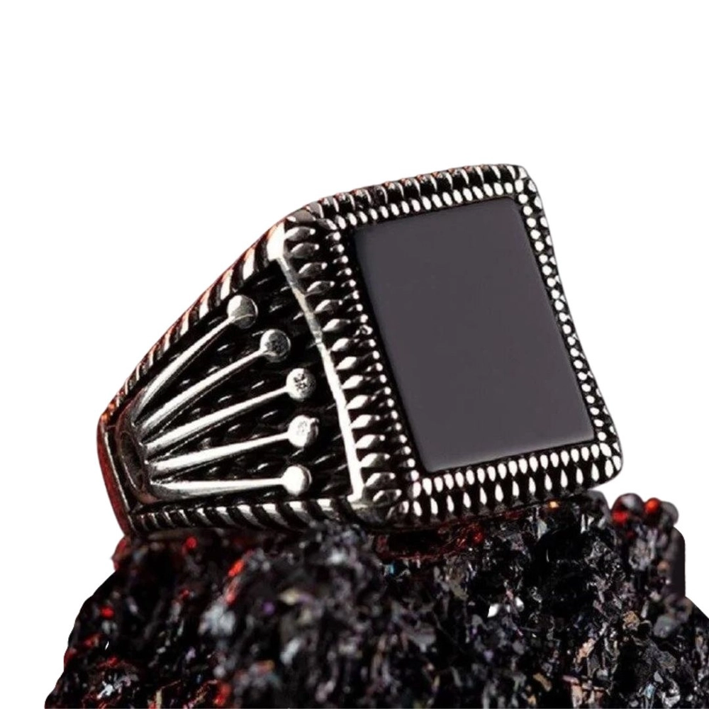 Men's Black Onyx Domineering Geometric Open Silver Ring