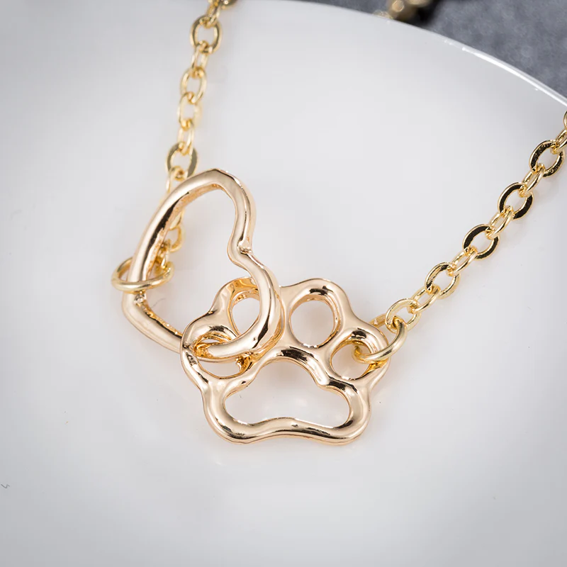 Animal Lovers Cat Dog Paw Hollow Heart Gold Bracelet