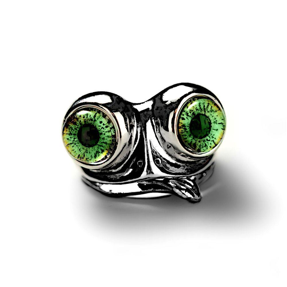 Creative Frog Tongue Green Eyes Open Silver Ring