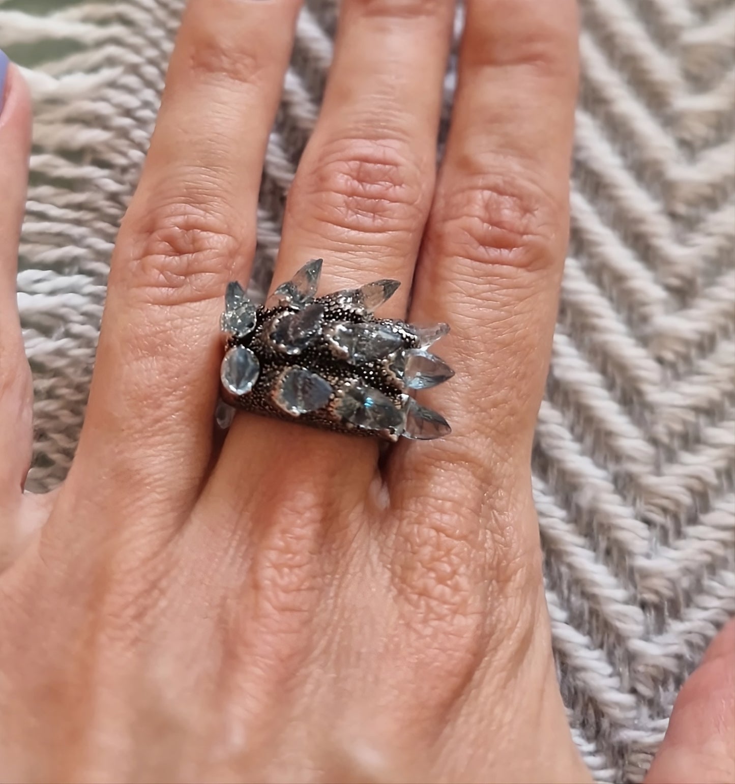 Gothic Silver Ring with Spiky Blue Crystals