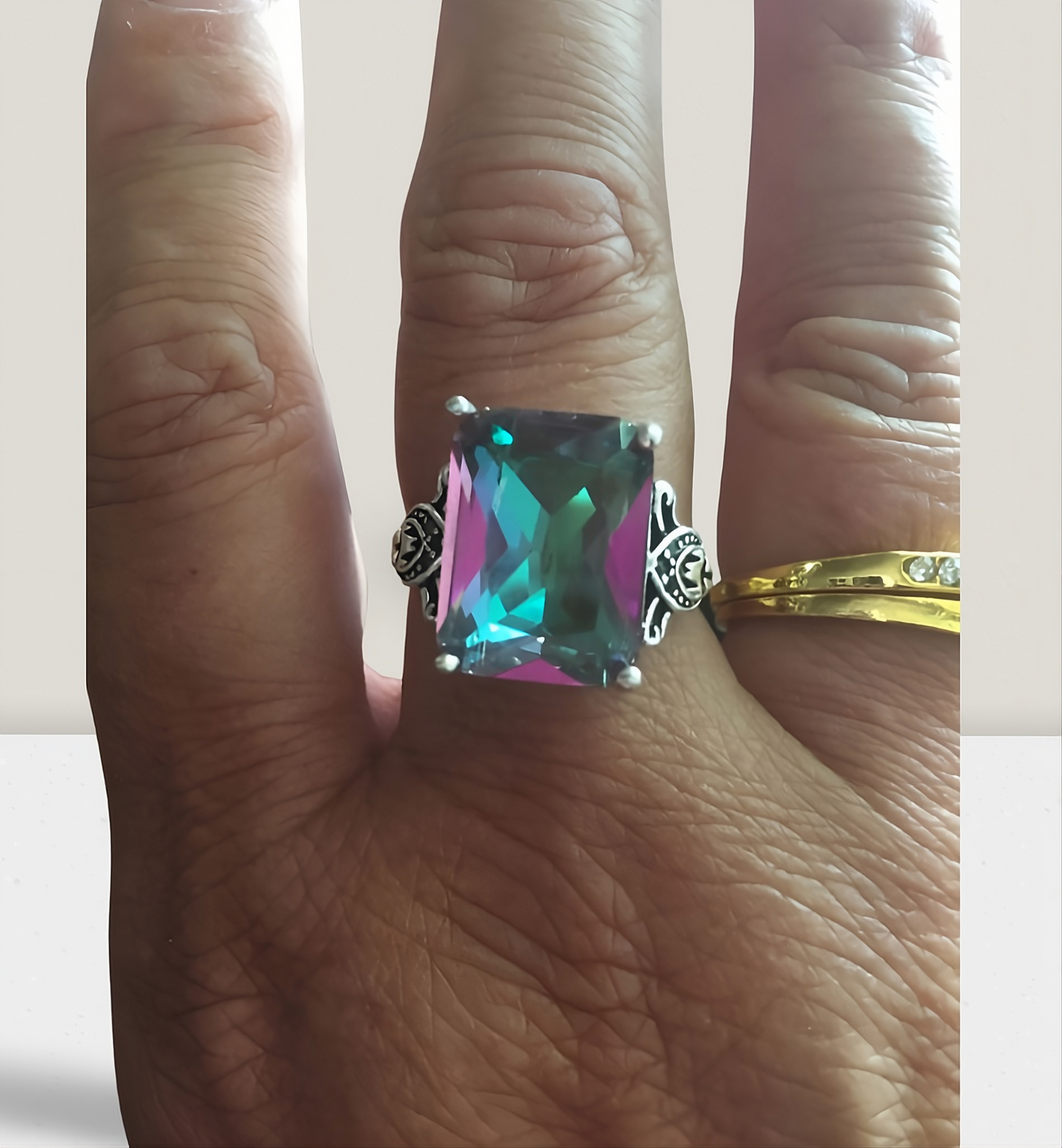 Huge Rectangle Rainbow Mystic Topaz Vintage Silver Ring