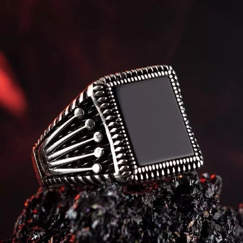 Men's Black Onyx Domineering Geometric Open Silver Ring