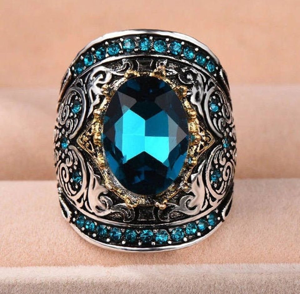 Vintage Blue Aquamarine Topaz Antique Two-Tone Ring