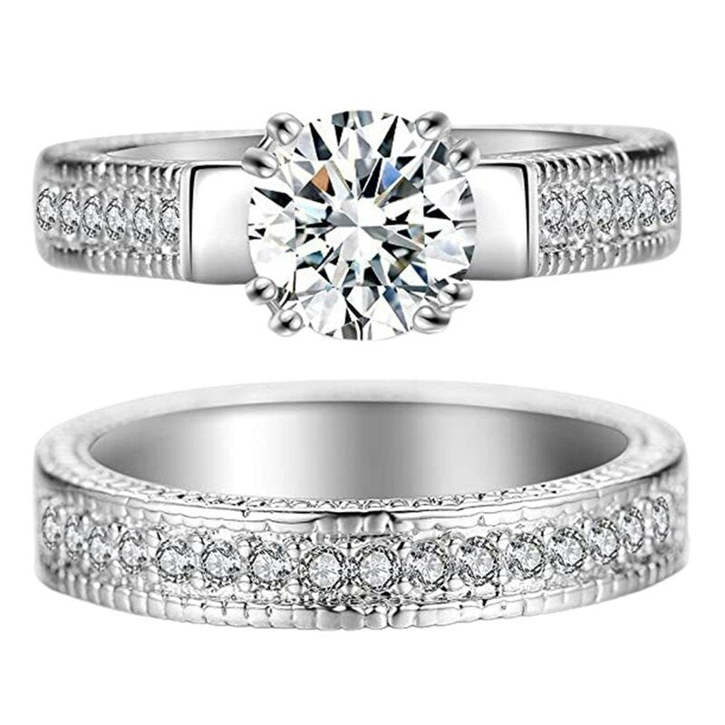 2pcs White Crystal Silver Engagement Ring Set