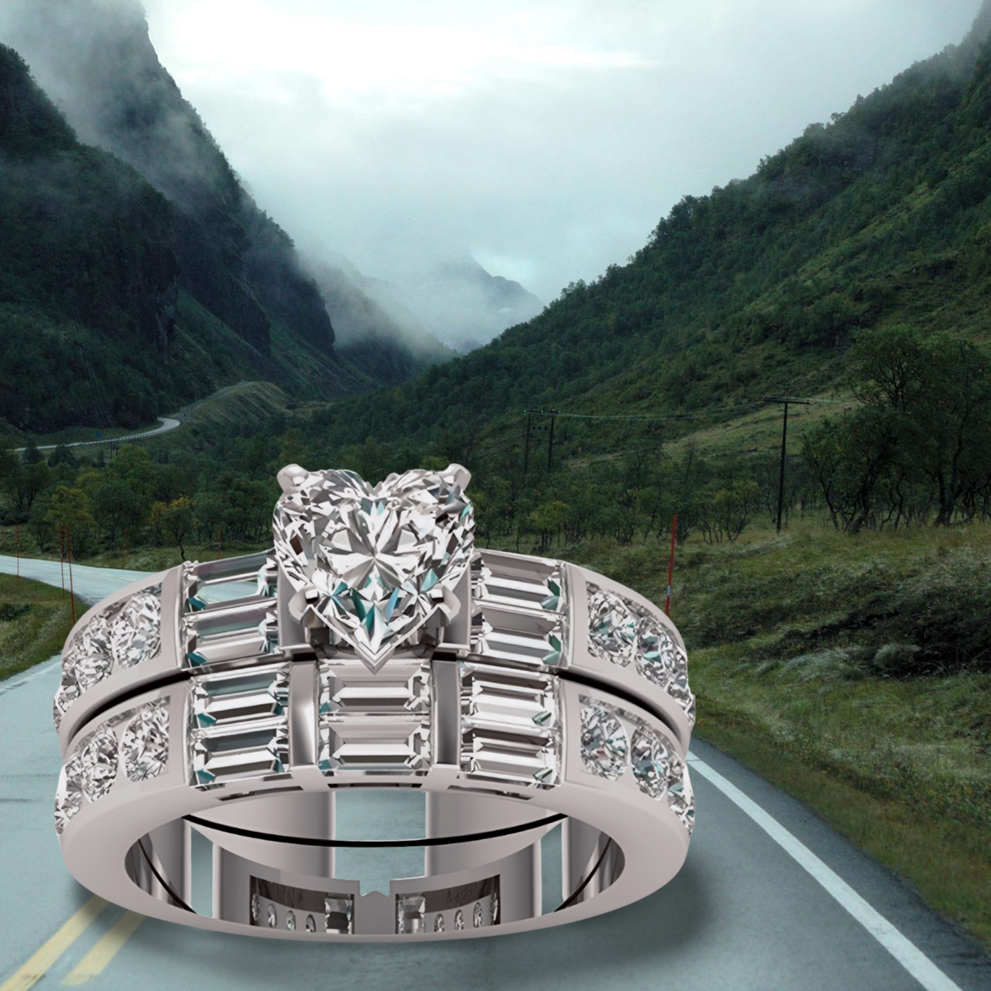 2pcs Heart Shaped Silver Engagement Ring Set