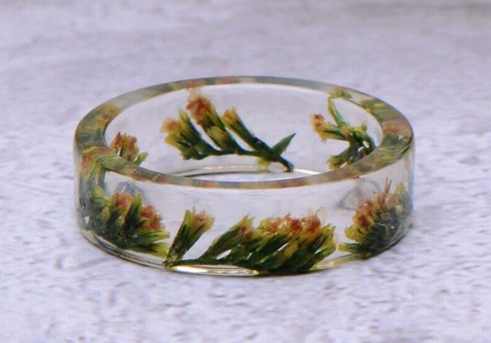 Dried Green Grass Epoxy Transparent Resin Ring