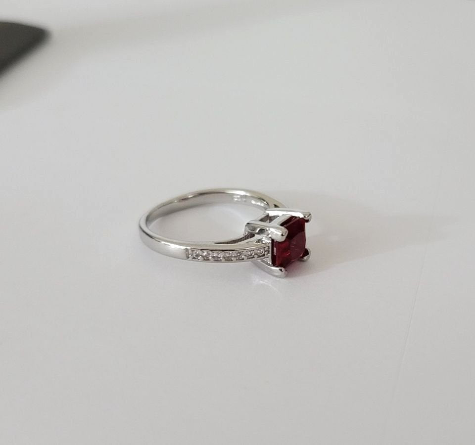 Sterling Silver Princess Cut Ruby Red Solitaire Ring
