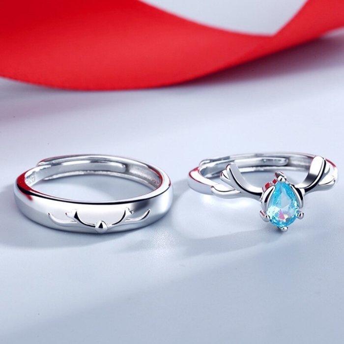 2pcs Sterling Silver Blue Deer Antler Matching Open Couple Rings