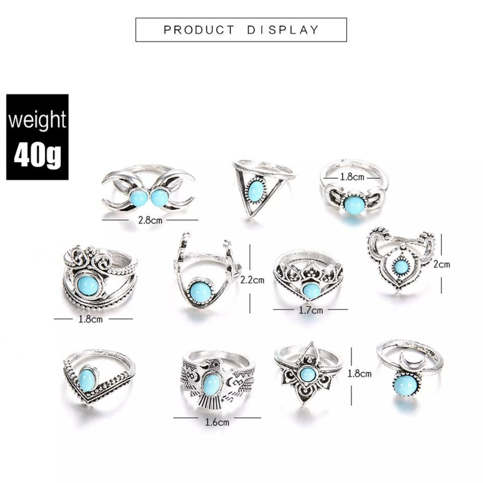 11pcs Bohemian Retro Turquoise Crescent Owl Silver Ring Set