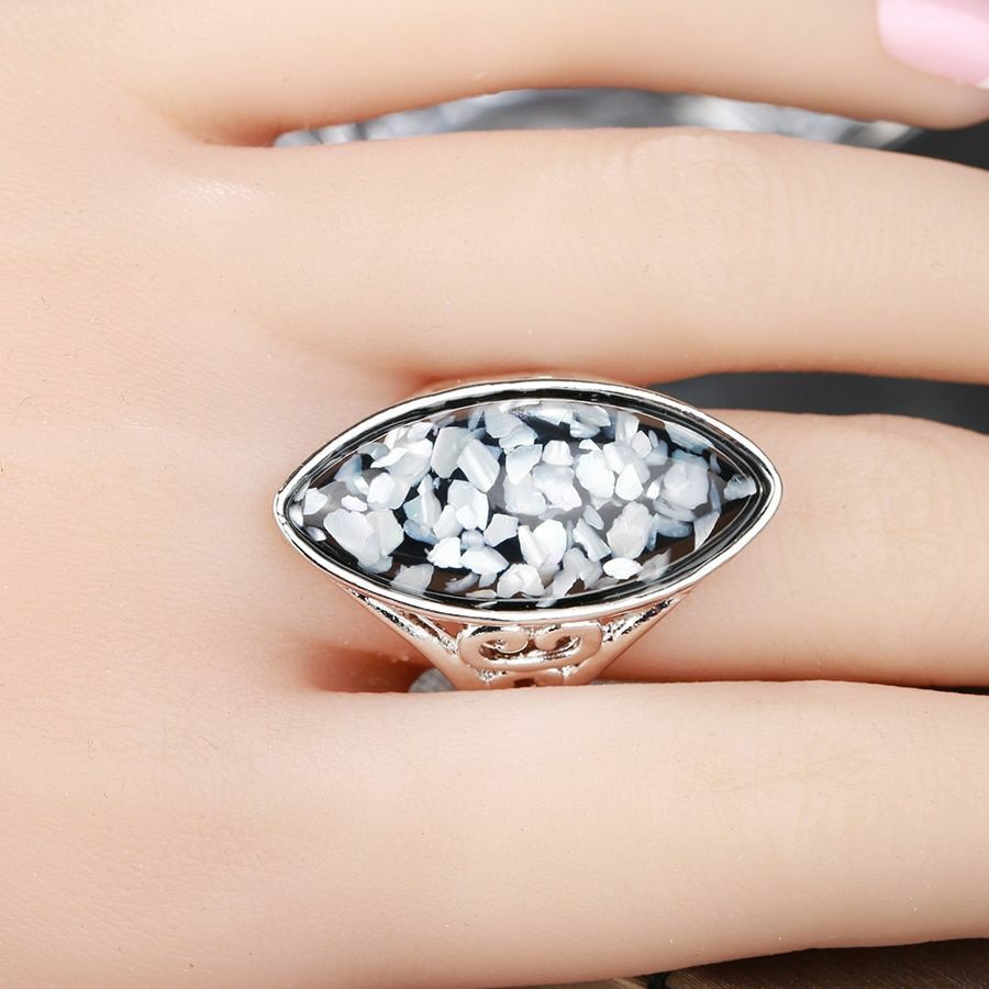 Artificial Coral Colorful Shells Big Oval Blue Mosaic Silver Ring