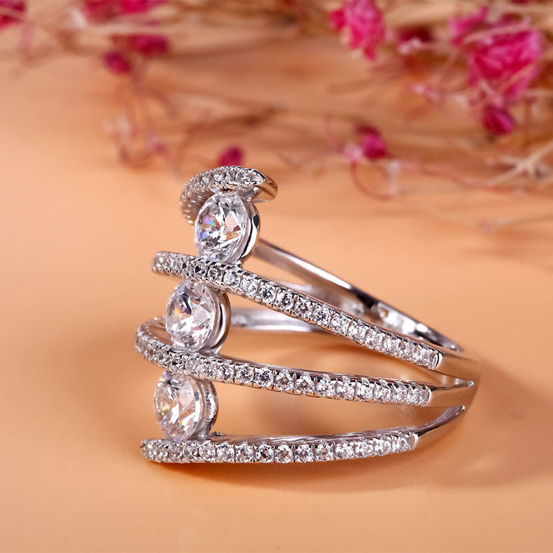 3 Tiered Wrap Crystal Zircon Round Cut Silver Engagement Ring