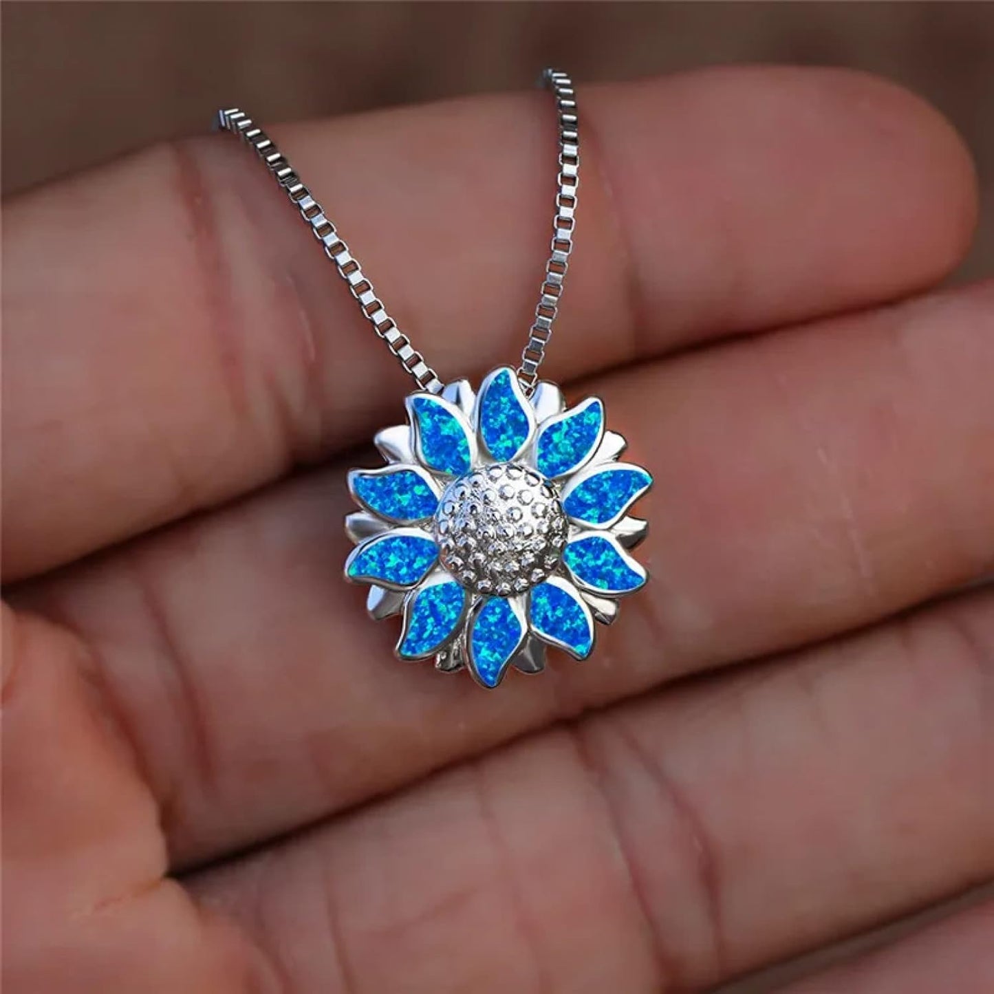 Blue Opal Sun Flower Silver Boho Necklace