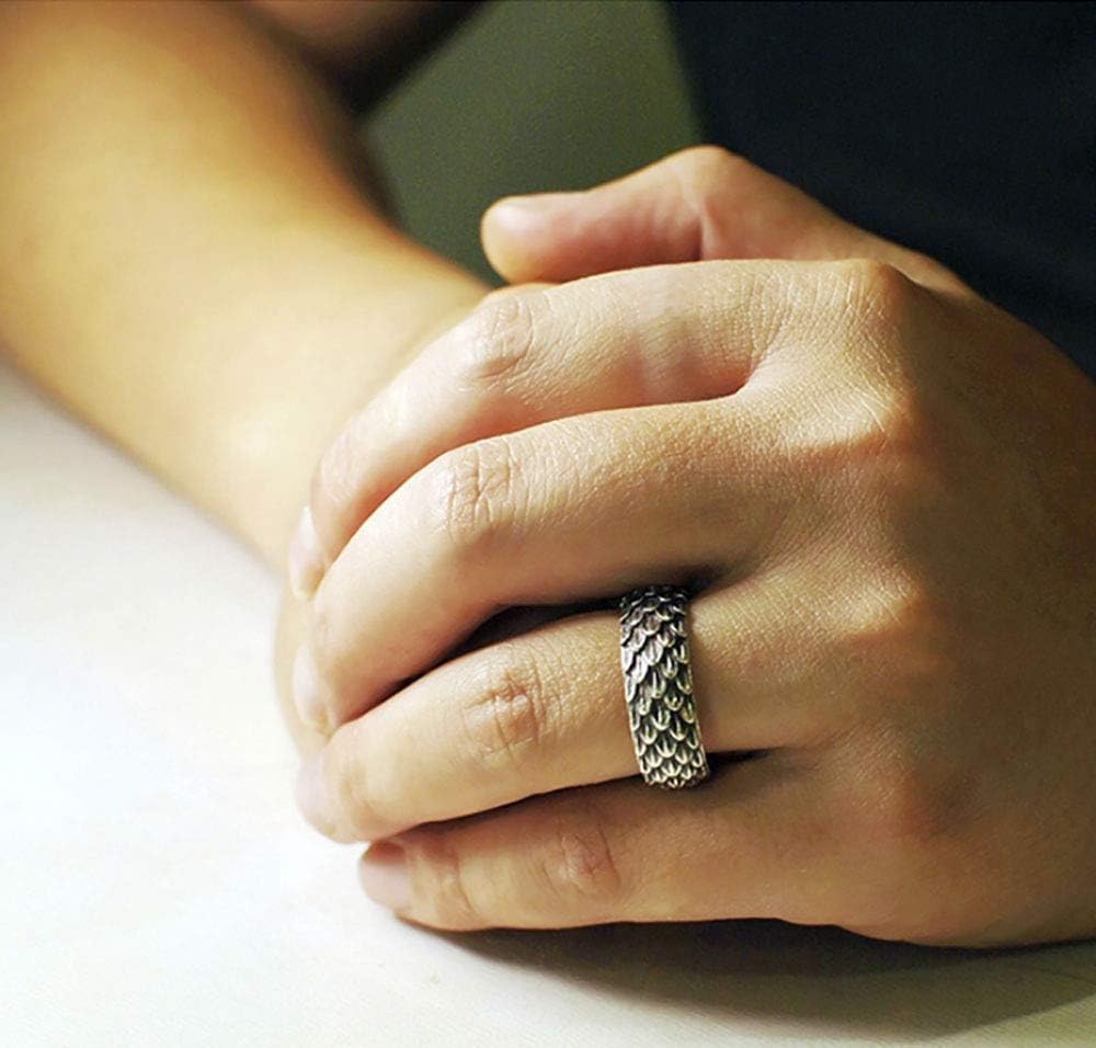 Men's Retro Dragon Scale Feather Vintage Silver Ring