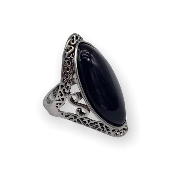 Natural Black 27mm Stone Hollow Antique Silver Ring