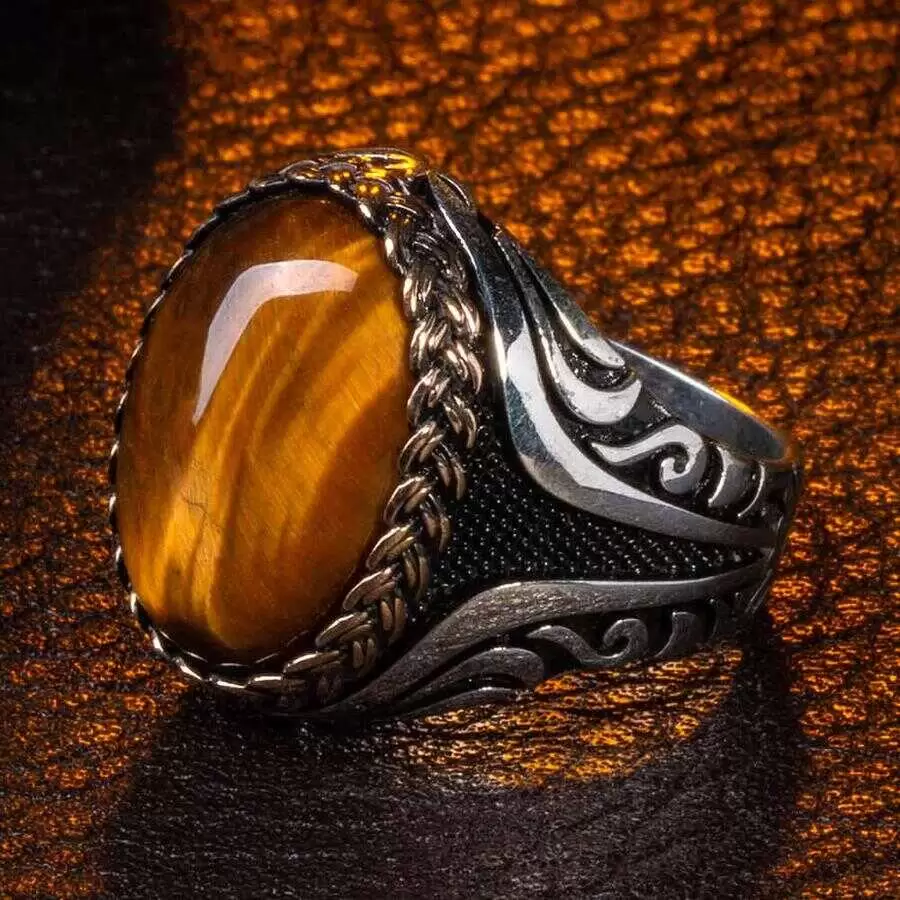 Men's Oval Brown Tiger Eye Silver Domineering Ring