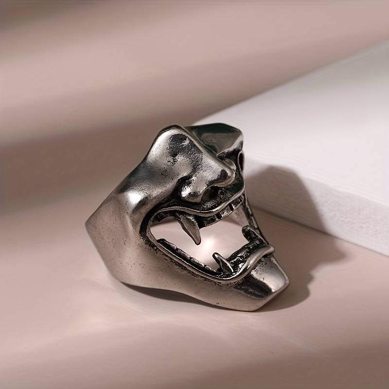 Men's Laughing Japanese Mask Open Mouth Silver Gothic Ring