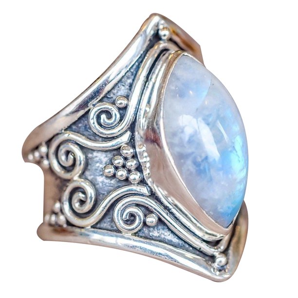 Vintage Boho Marquise Blue Moonstone Antique Silver Ring