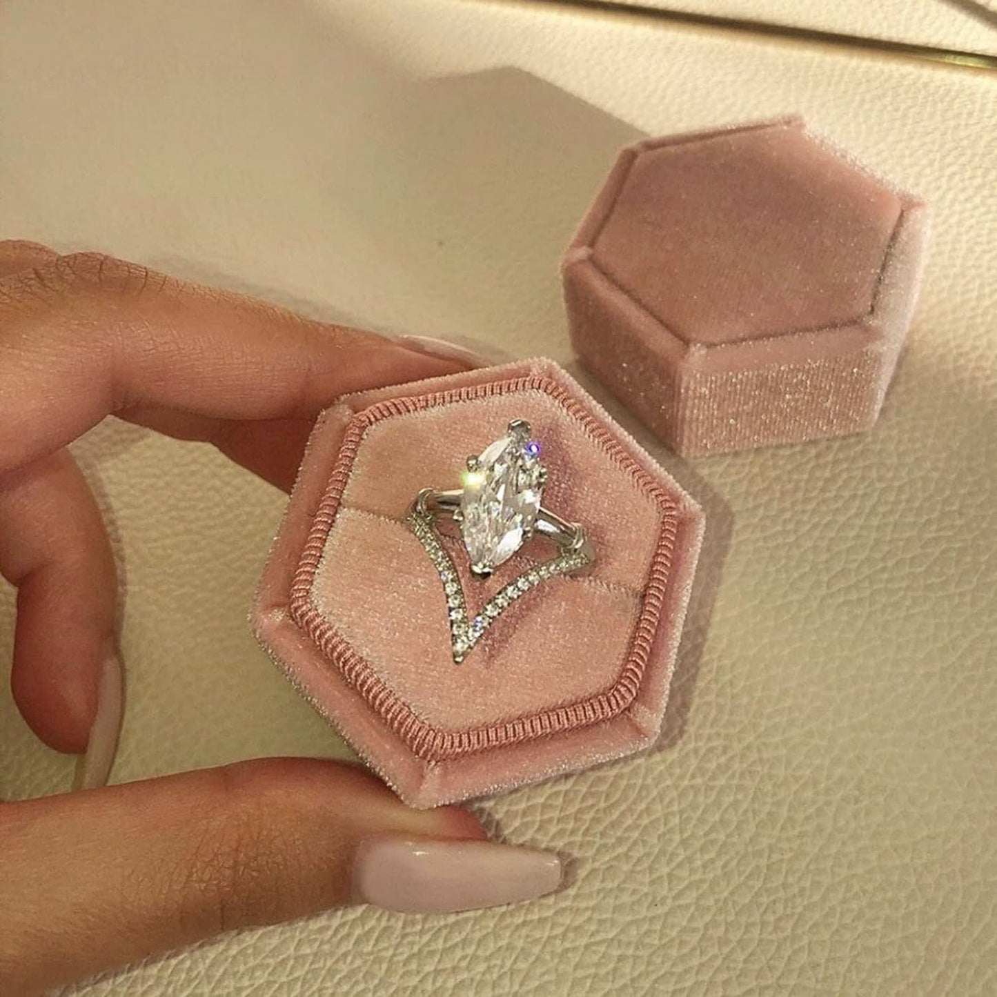 925 Sterling Silver Marquise Cut Moissanite V Shape Engagement Ring