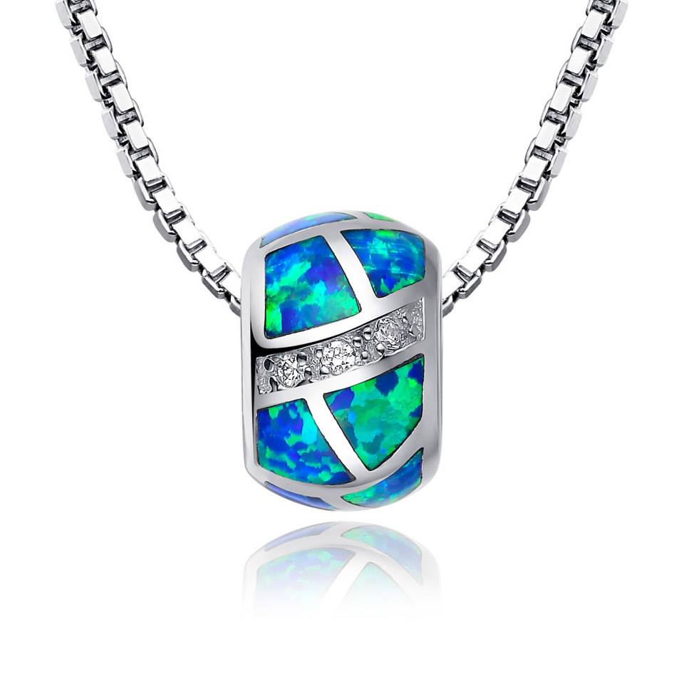 Blue Opal Round Rum Barrel Silver Necklace & Chain
