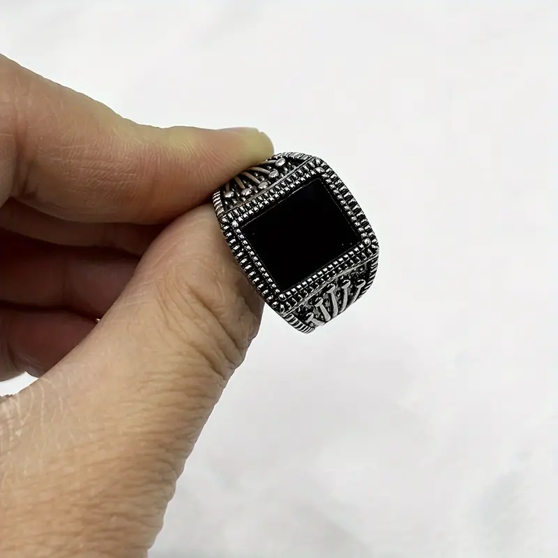 Men's Black Onyx Domineering Geometric Open Silver Ring
