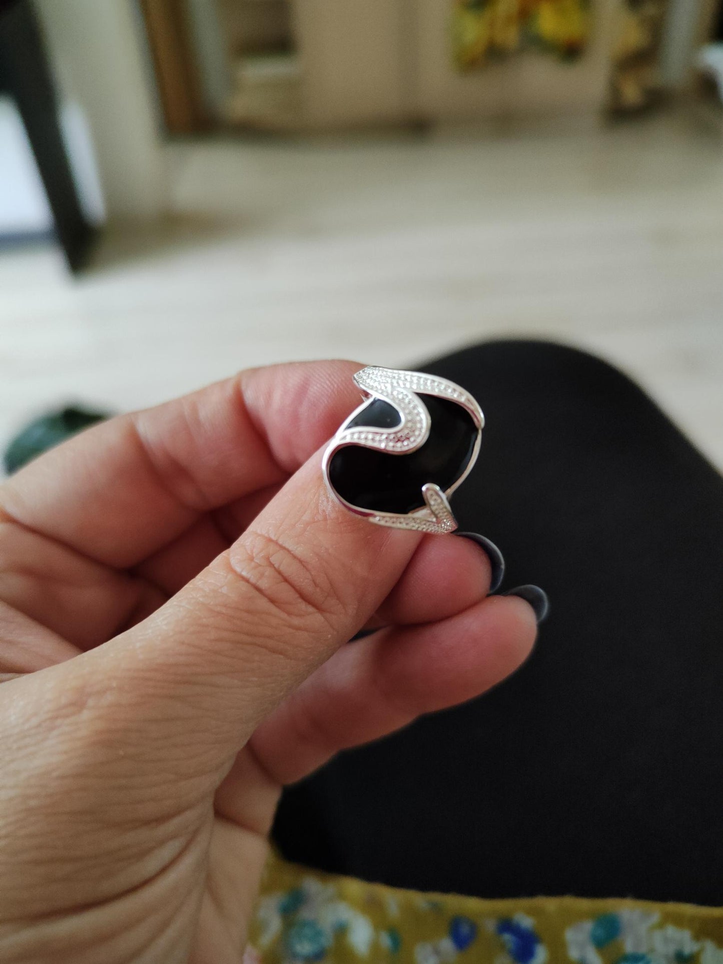 925 Sterling Silver Ellipse Anillo Oval Black Enamel Ring