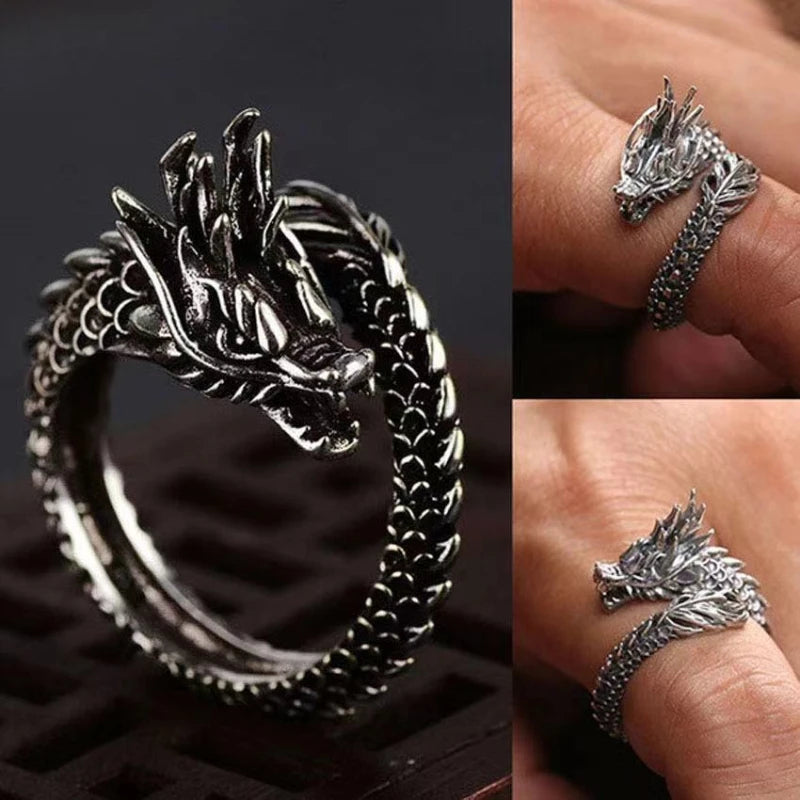 Vintage Rock Punk Dragon Rider Silver Adjustable Gothic Ring