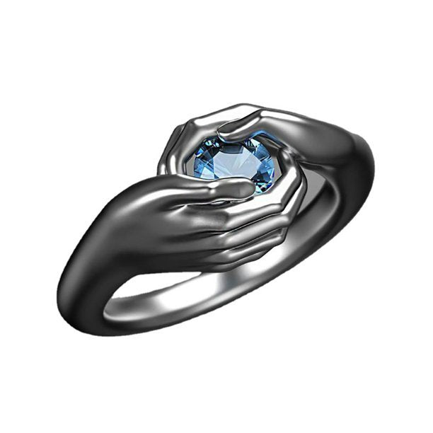 Hugging Hands Blue Crystal Silver Ring