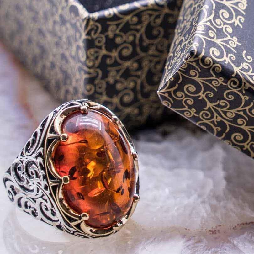 Men's Vintage Red Amber Hollow Silver Turkish Ring