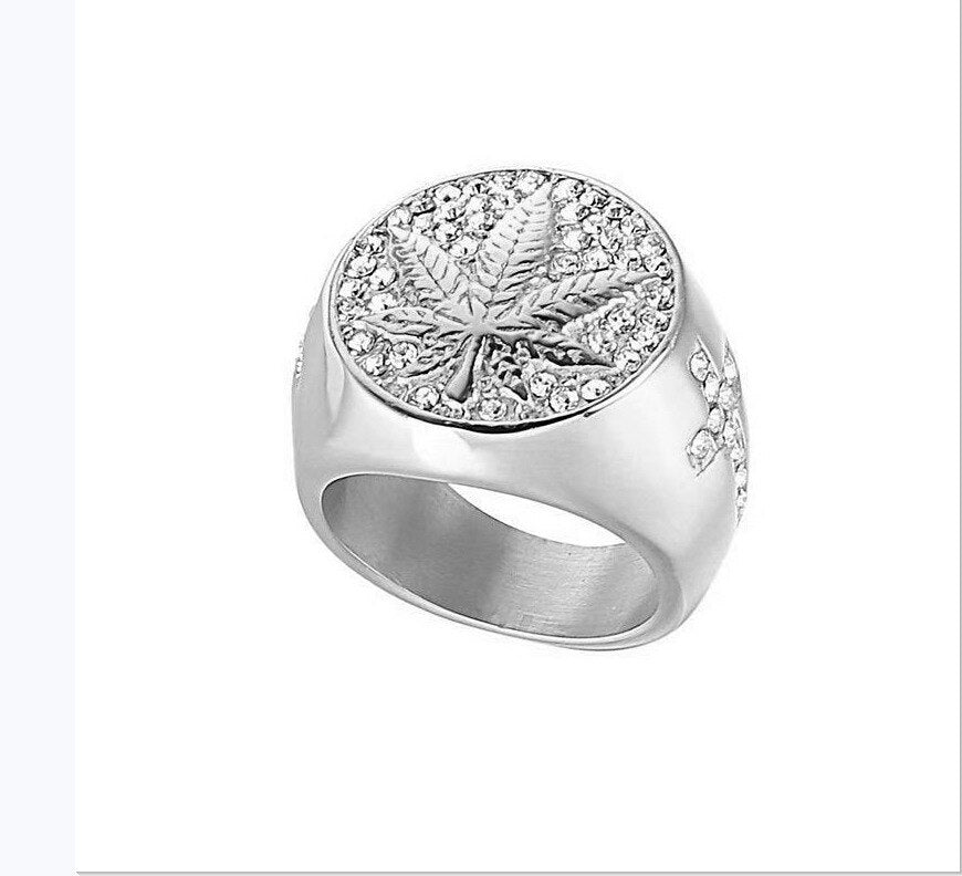 Round Cross Maple Leaf Silver Signet Ring