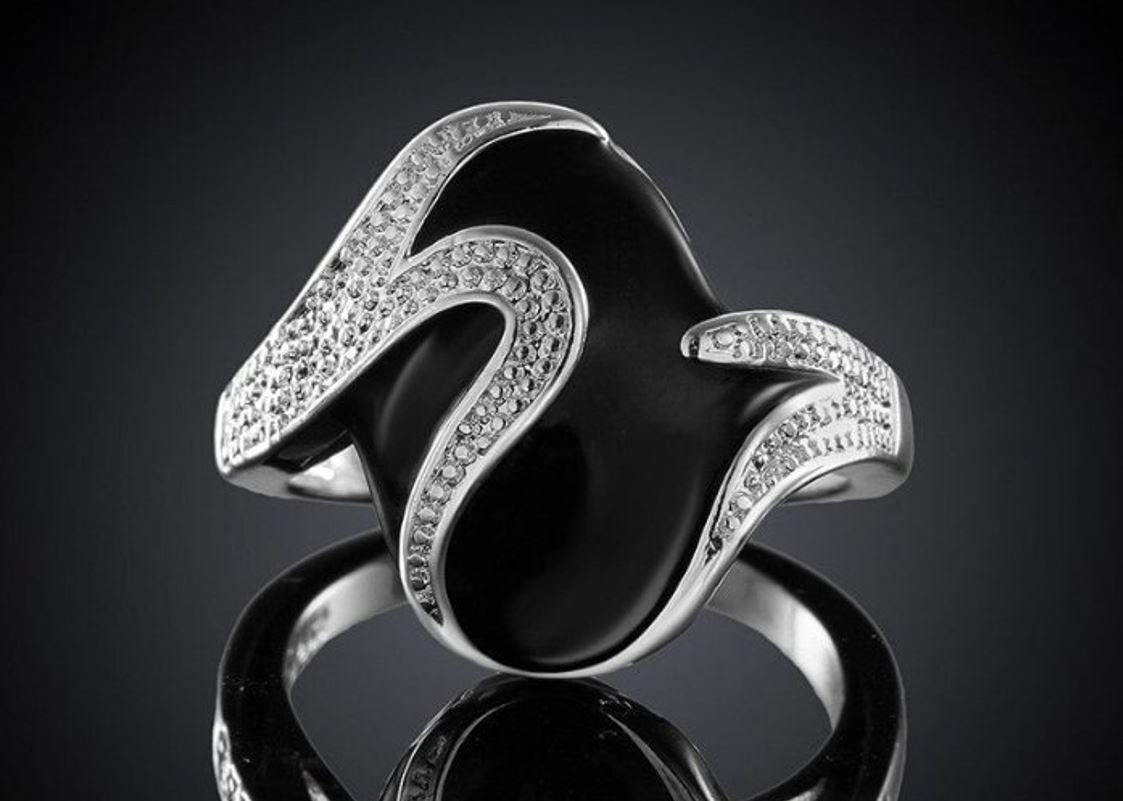925 Sterling Silver Ellipse Anillo Oval Black Enamel Ring