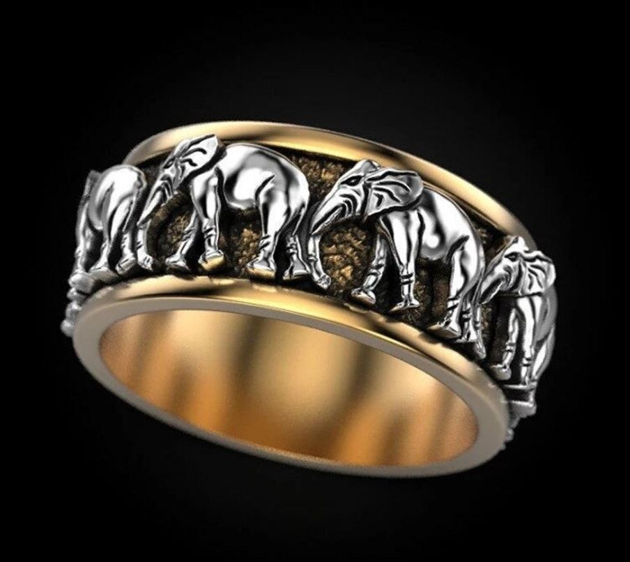 March Of The Elephants Two Tone Retro Animal Ring